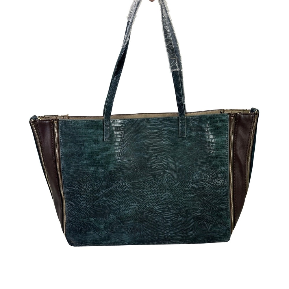 Sondra Roberts Squared Tote Bag Teal Brown Snake Print Zipper Accent Large Purse